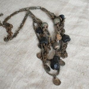 Antique Brass Tone 3 Strand Metal, Glass, Faux Leather Necklace